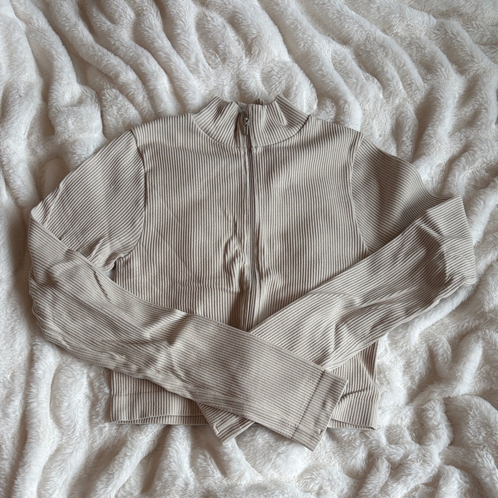 Garage Cream Ribbed Zip-Up Top